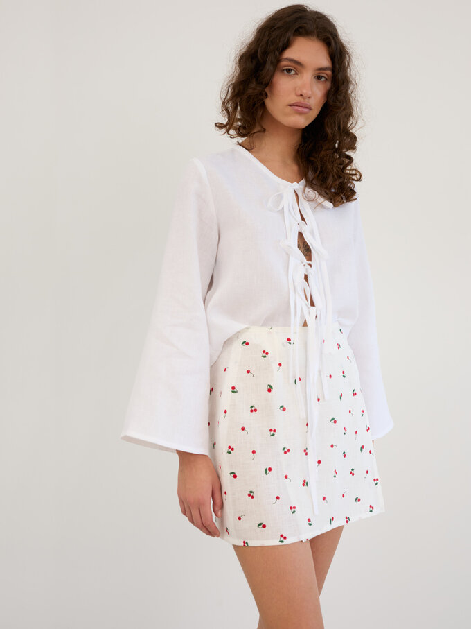 Image 4 of Linen Wrap Mini Skirt in Cherry Print ANNALISE from ALBERALKIRK | Handmade Linen Clothing for Women