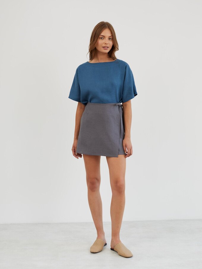 Image 2 of Linen Wrap Mini Skirt in Light Grey ANNALISE from ALBERALKIRK | Handmade Linen Clothing for Women