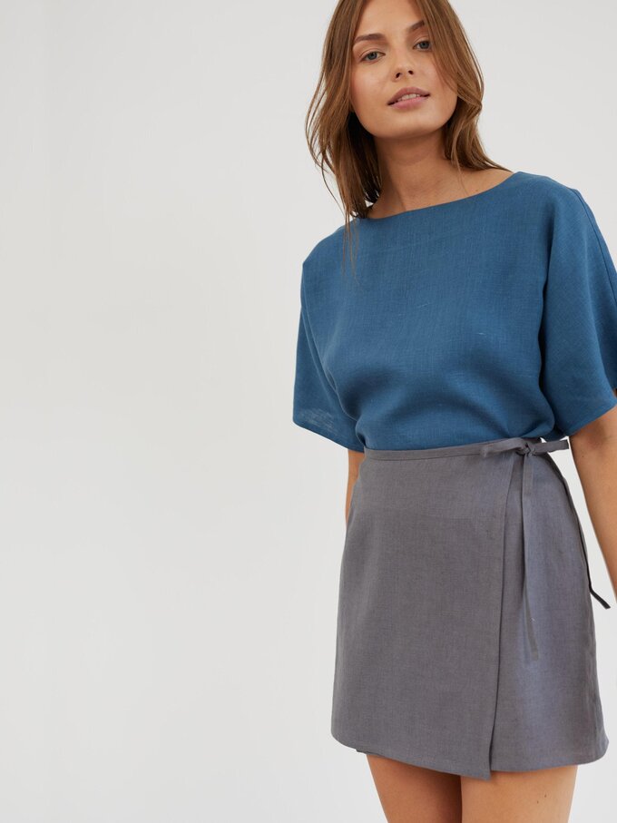 Image 4 of Linen Wrap Mini Skirt in Light Grey ANNALISE from ALBERALKIRK | Handmade Linen Clothing for Women