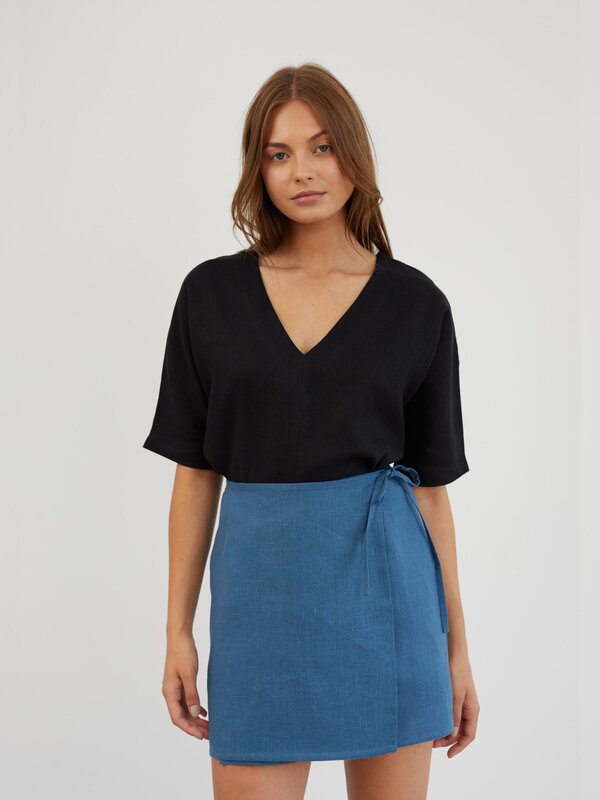 Image 1 of Linen Wrap Mini Skirt in Sea Blue ANNALISE from ALBERALKIRK | Handmade Linen Clothing for Women