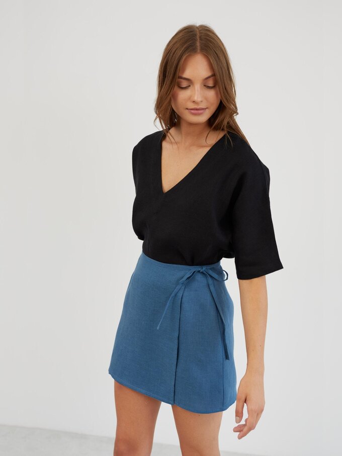 Image 3 of Linen Wrap Mini Skirt in Sea Blue ANNALISE from ALBERALKIRK | Handmade Linen Clothing for Women