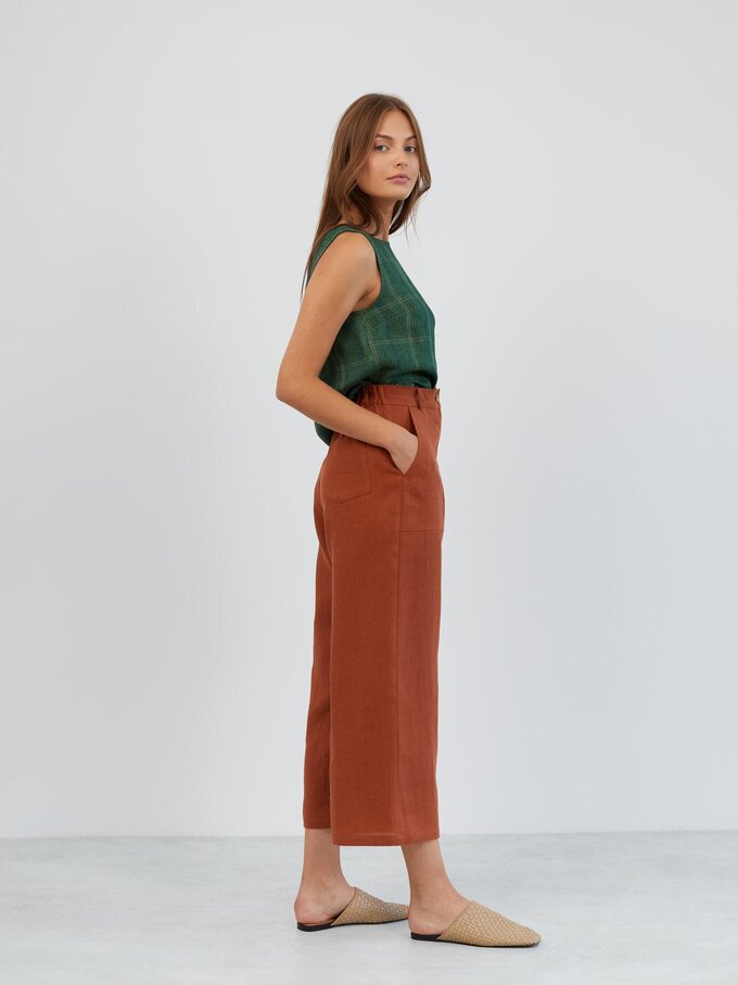 Image 3 of Cropped Wide Leg Linen Pants in Rust OCEAN from ALBERALKIRK | Handmade Linen Clothing for Women