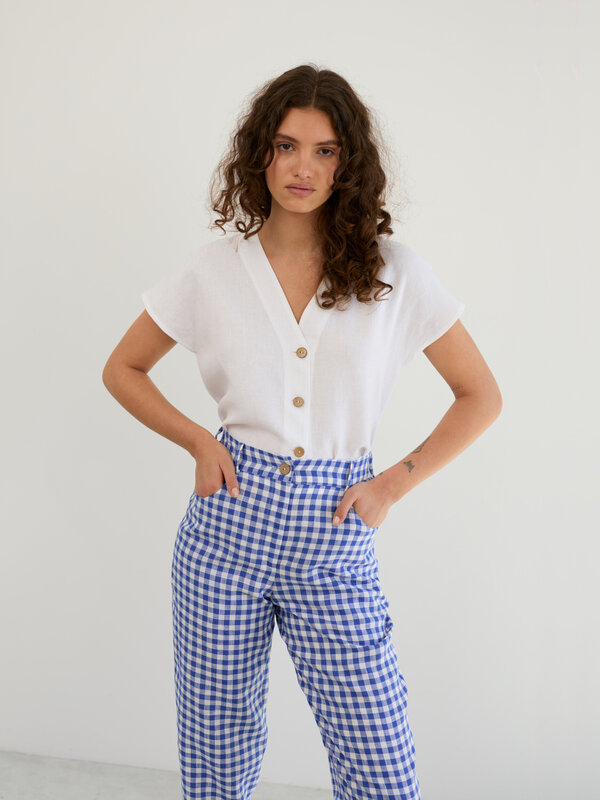 Image 1 of Linen High-Waisted Tapered Leg Pants in Gingham Blue SARAH from ALBERALKIRK | Handmade Linen Clothing for Women