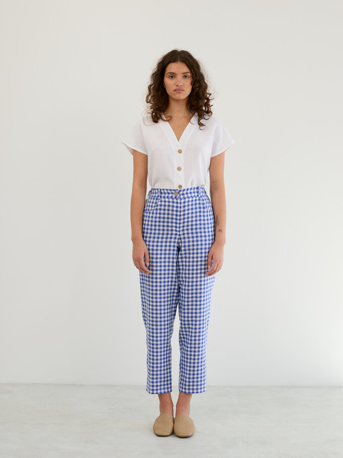 Image 2 of Linen High-Waisted Tapered Leg Pants in Gingham Blue SARAH from ALBERALKIRK | Handmade Linen Clothing for Women