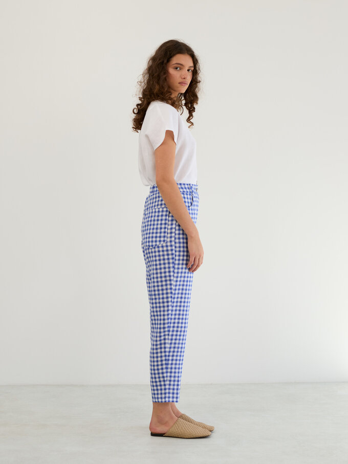 Image 5 of Linen High-Waisted Tapered Leg Pants in Gingham Blue SARAH from ALBERALKIRK | Handmade Linen Clothing for Women