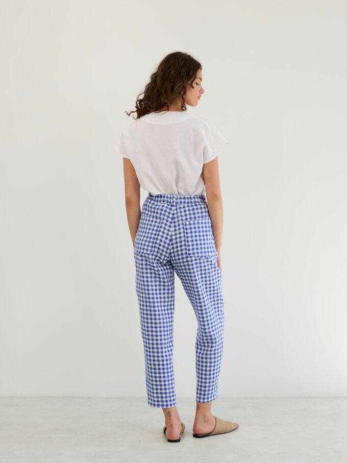 Image 6 of Linen High-Waisted Tapered Leg Pants in Gingham Blue SARAH from ALBERALKIRK | Handmade Linen Clothing for Women