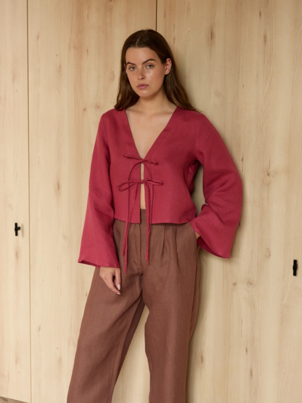 Image 1 of JAMES tailored linen pants in Heavy Dark Brown, featuring a high waist, pleated front, and side pockets, from ALBERALKIRK.