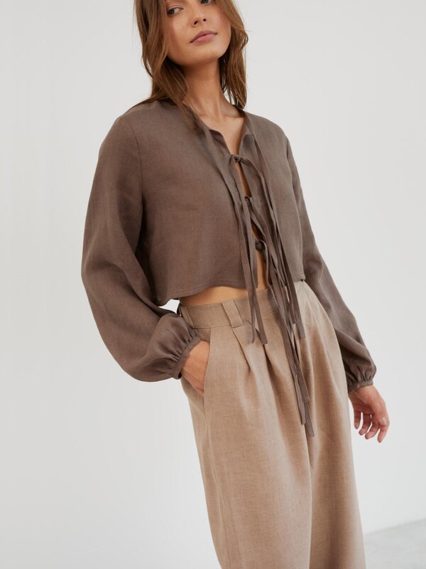 Image 1 of Linen Tailored Pleated Pants in Sand Brown JAMES from ALBERALKIRK | Handmade Linen Clothing for Women
