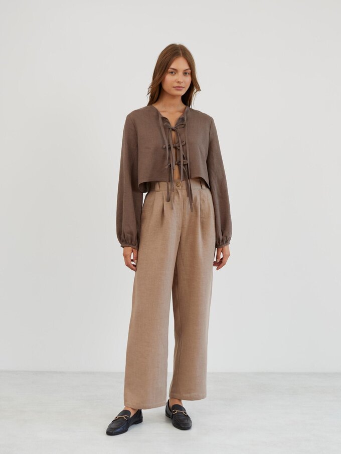 Image 2 of Linen Tailored Pleated Pants in Sand Brown JAMES from ALBERALKIRK | Handmade Linen Clothing for Women