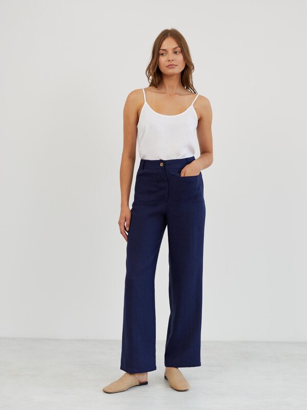 Image 1 of Tailored Straight Leg Linen Pants in Navy Blue JOEL from ALBERALKIRK | Handmade Linen Clothing for Women