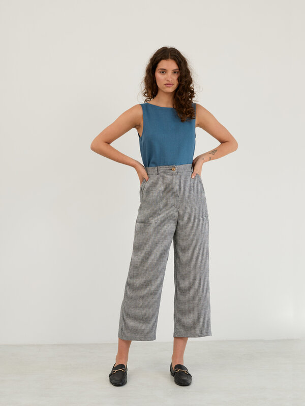 Image 1 of Linen Wide Leg Cropped Pants in Houndstooth OCEAN from ALBERALKIRK | Handmade Linen Clothing for Women
