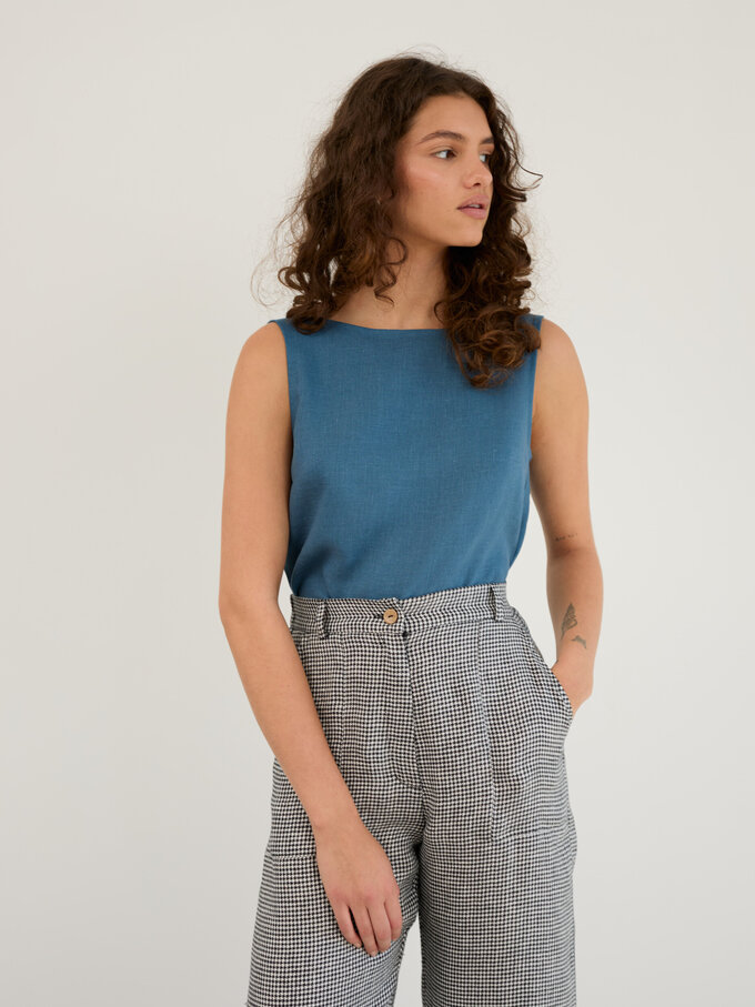 Image 2 of Linen Wide Leg Cropped Pants in Houndstooth OCEAN from ALBERALKIRK | Handmade Linen Clothing for Women