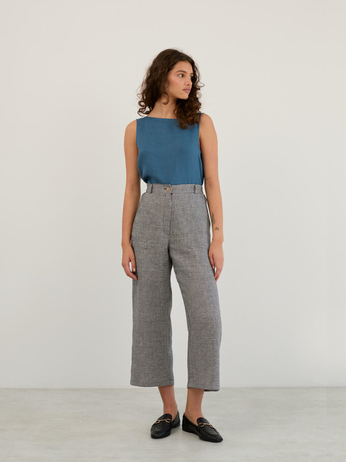 Image 3 of Linen Wide Leg Cropped Pants in Houndstooth OCEAN from ALBERALKIRK | Handmade Linen Clothing for Women