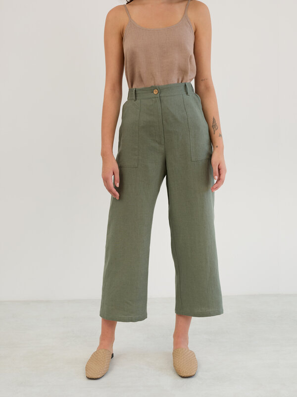 Image 1 of Linen Wide Leg Cropped Pants in Sage Green OCEAN from ALBERALKIRK | Handmade Linen Clothing for Women