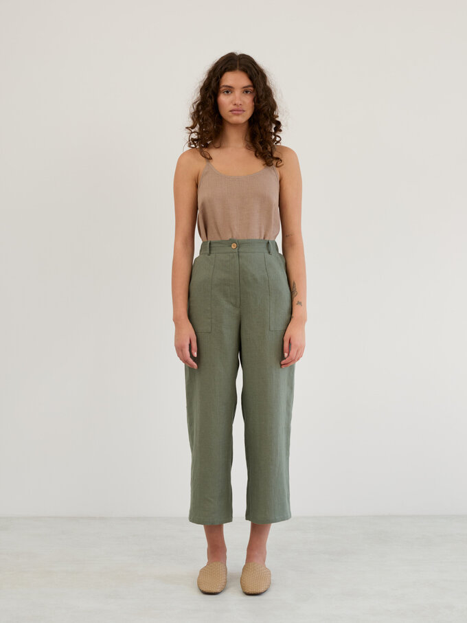 Image 2 of Linen Wide Leg Cropped Pants in Sage Green OCEAN from ALBERALKIRK | Handmade Linen Clothing for Women
