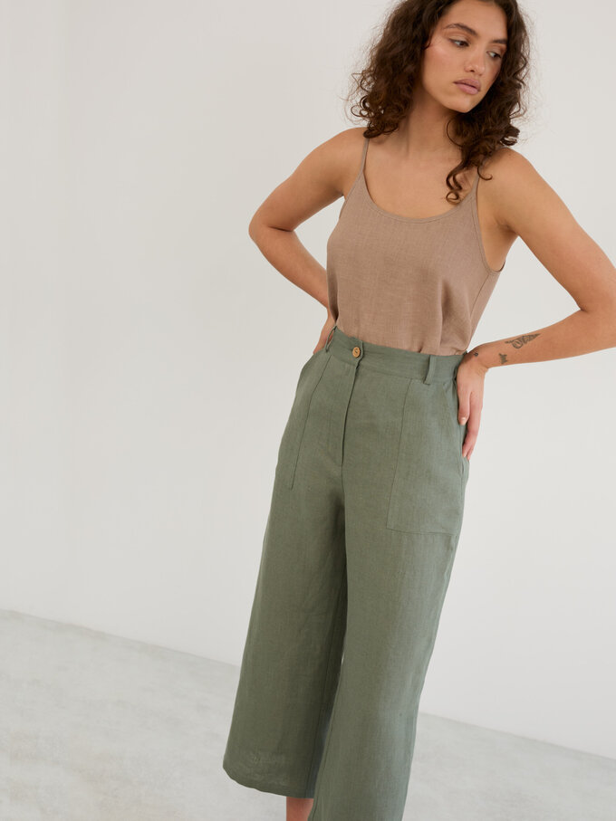 Image 3 of Linen Wide Leg Cropped Pants in Sage Green OCEAN from ALBERALKIRK | Handmade Linen Clothing for Women