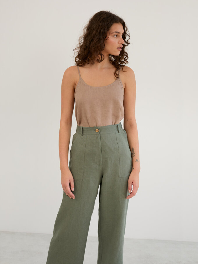 Image 4 of Linen Wide Leg Cropped Pants in Sage Green OCEAN from ALBERALKIRK | Handmade Linen Clothing for Women