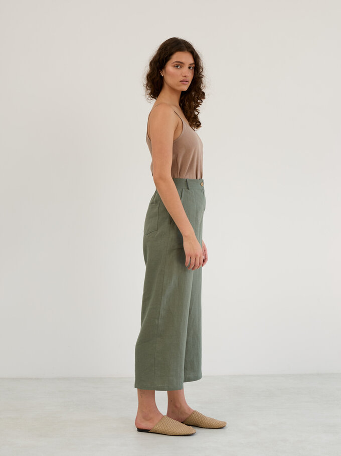 Image 5 of Linen Wide Leg Cropped Pants in Sage Green OCEAN from ALBERALKIRK | Handmade Linen Clothing for Women