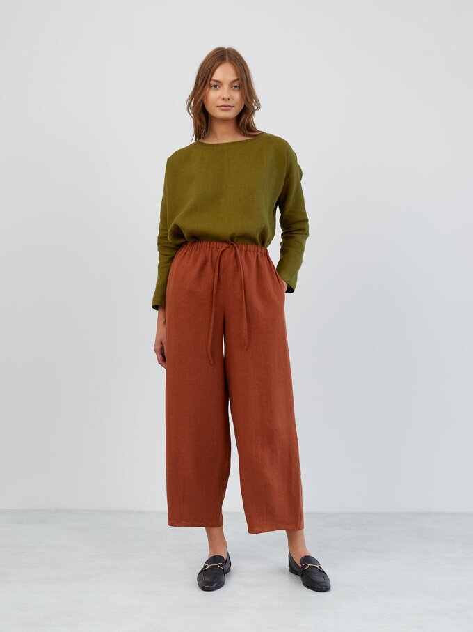 Image 2 of Wide Leg Linen Drawstring Pants in Rust DUKE from ALBERALKIRK | Handmade Linen Clothing for Women