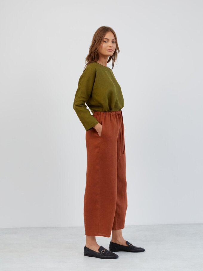 Image 3 of Wide Leg Linen Drawstring Pants in Rust DUKE from ALBERALKIRK | Handmade Linen Clothing for Women