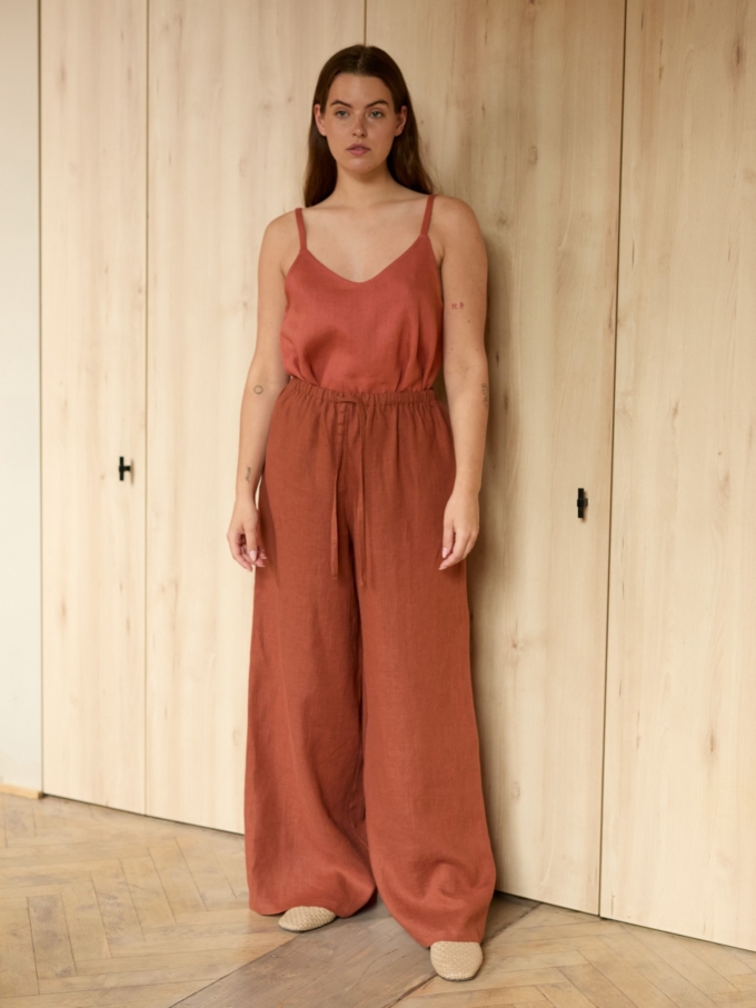 Image 2 of LUCAS wide-leg linen pants in Rust, featuring a drawstring waist and relaxed fit, from ALBERALKIRK.