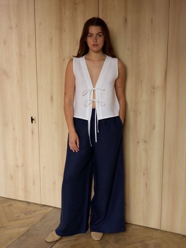 Image 1 of PEARL high-waisted wide-leg linen pants in Navy Blue, featuring an elastic waistband, from ALBERALKIRK.