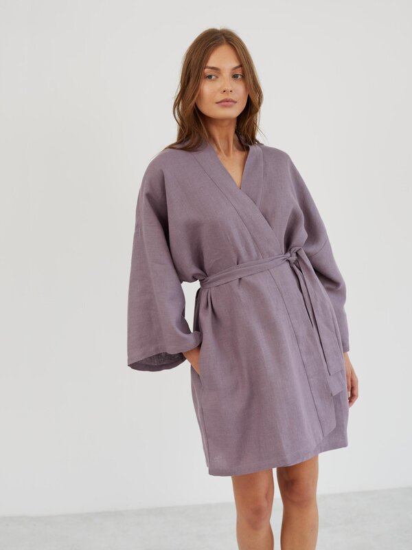Image 1 of Linen Wrap Robe in Lavender Violet ATHENA from ALBERALKIRK | Handmade Linen Clothing for Women