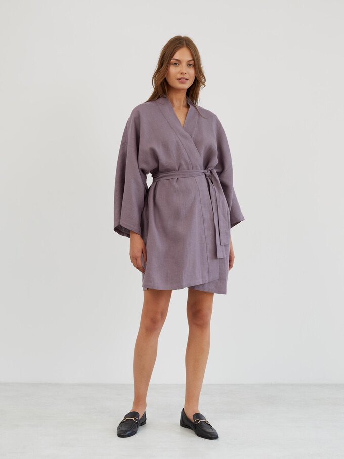 Image 2 of Linen Wrap Robe in Lavender Violet ATHENA from ALBERALKIRK | Handmade Linen Clothing for Women