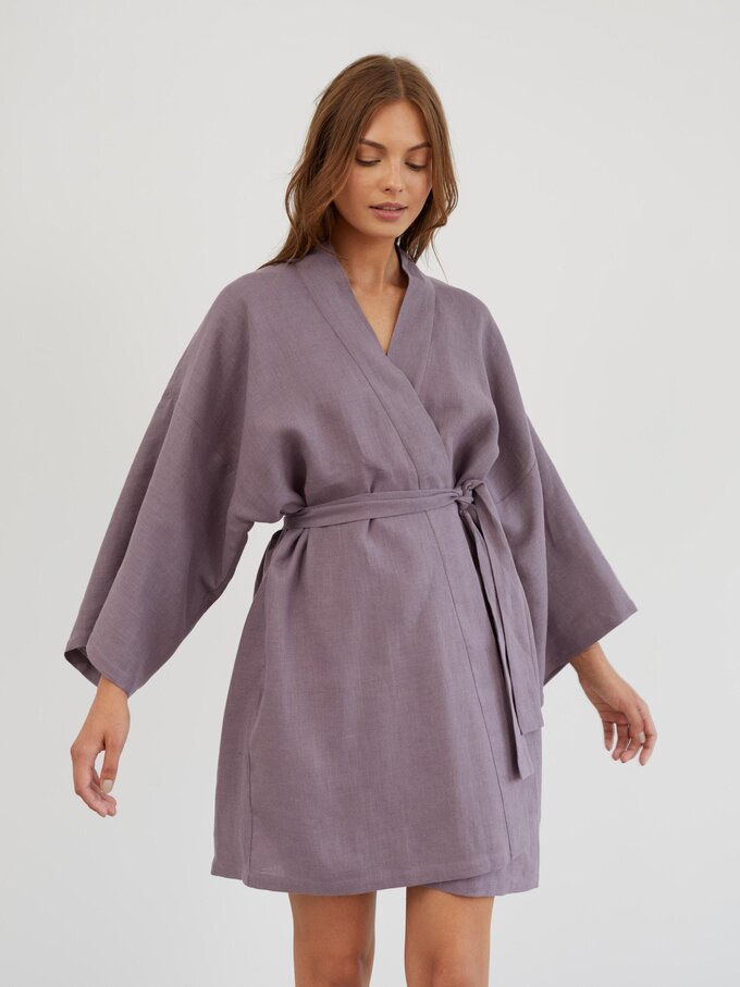 Image 3 of Linen Wrap Robe in Lavender Violet ATHENA from ALBERALKIRK | Handmade Linen Clothing for Women