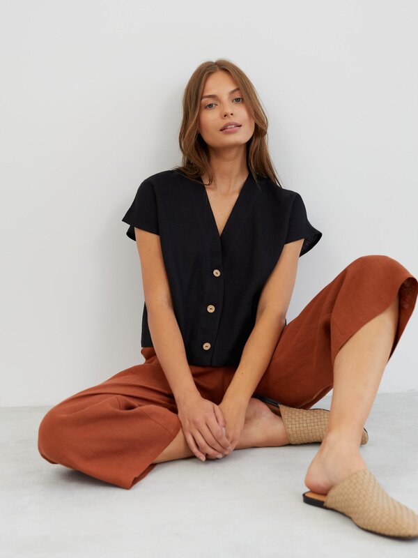 Image 1 of Cropped Linen Button Down Shirt in Black LYLA from ALBERALKIRK | Handmade Linen Clothing for Women