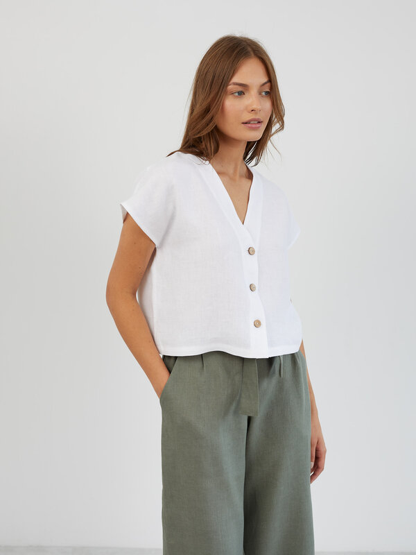 Image 1 of Cropped Linen Button-Down Shirt in White LYLA from ALBERALKIRK | Handmade Linen Clothing for Women