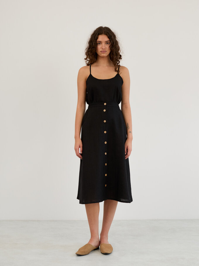 Image 1 of Linen Button Front Midi Skirt in Black LAMINTA from ALBERALKIRK | Handmade Linen Clothing for Women