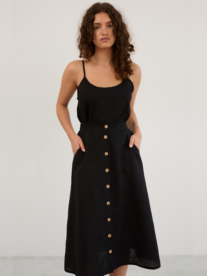 Image 2 of Linen Button Front Midi Skirt in Black LAMINTA from ALBERALKIRK | Handmade Linen Clothing for Women