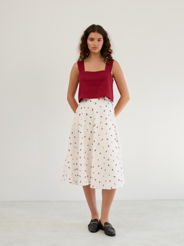 Image 1 of Linen Wrap Midi Skirt in Cherry Print KENZIE from ALBERALKIRK | Handmade Linen Clothing for Women