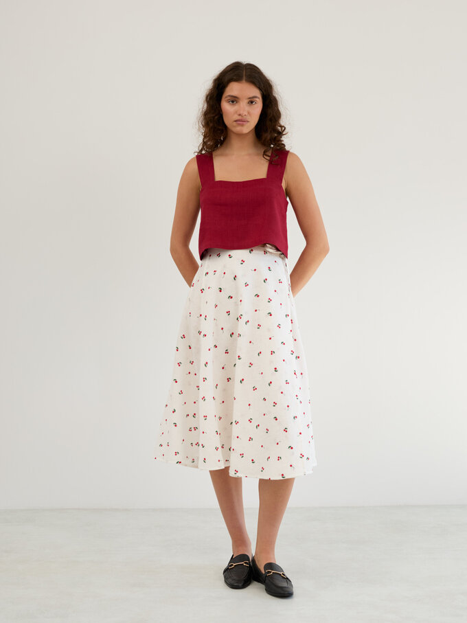 Image 1 of Linen Wrap Midi Skirt in Cherry Print KENZIE from ALBERALKIRK | Handmade Linen Clothing for Women