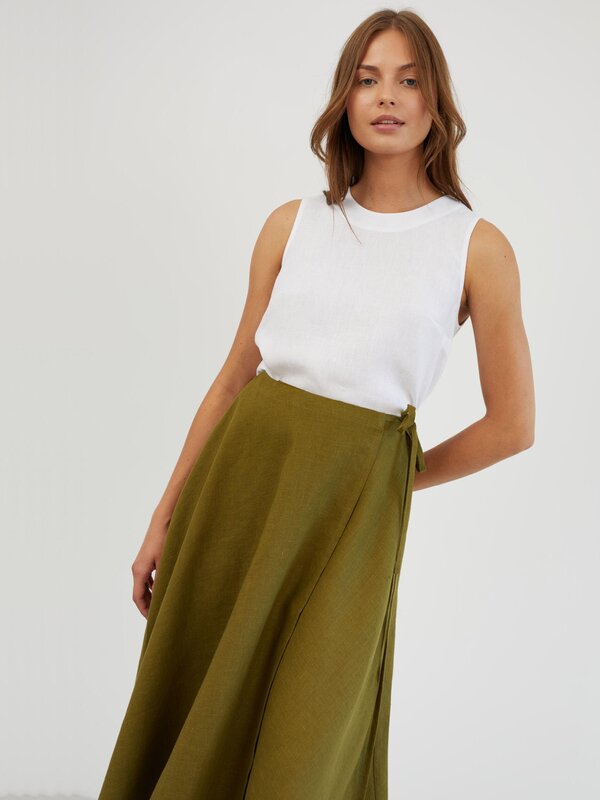 Image 1 of Linen Wrap Midi Skirt in Moss Green KENZIE from ALBERALKIRK | Handmade Linen Clothing for Women