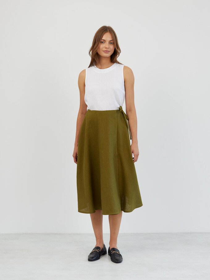 Image 2 of Linen Wrap Midi Skirt in Moss Green KENZIE from ALBERALKIRK | Handmade Linen Clothing for Women