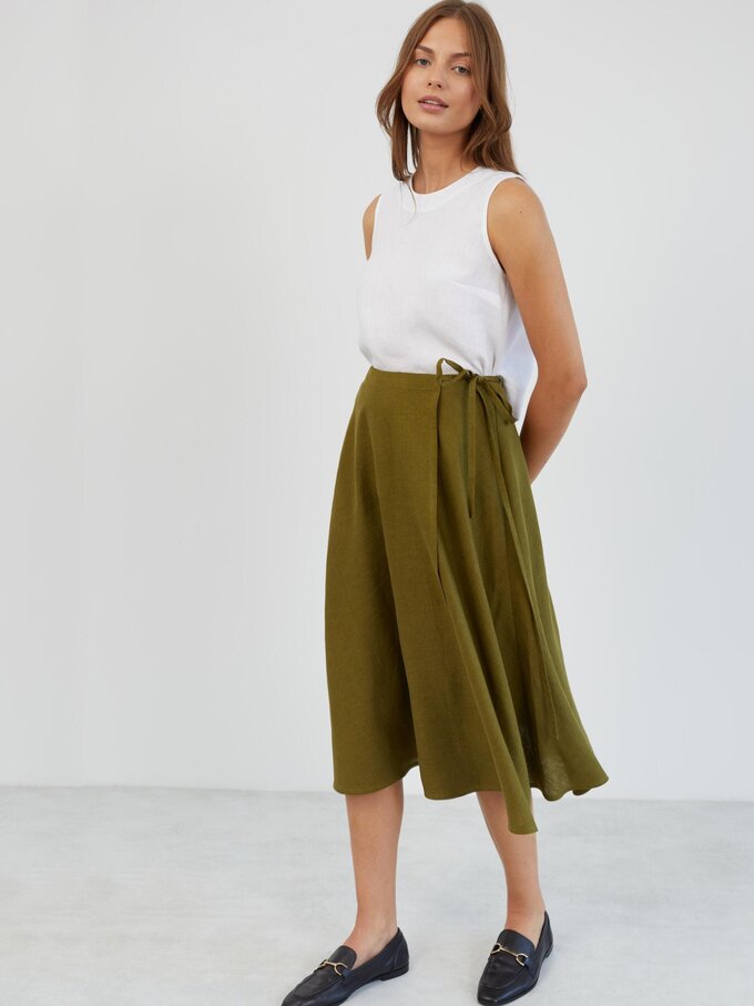 Image 3 of Linen Wrap Midi Skirt in Moss Green KENZIE from ALBERALKIRK | Handmade Linen Clothing for Women
