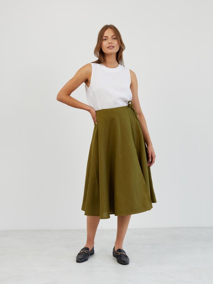 Image 4 of Linen Wrap Midi Skirt in Moss Green KENZIE from ALBERALKIRK | Handmade Linen Clothing for Women