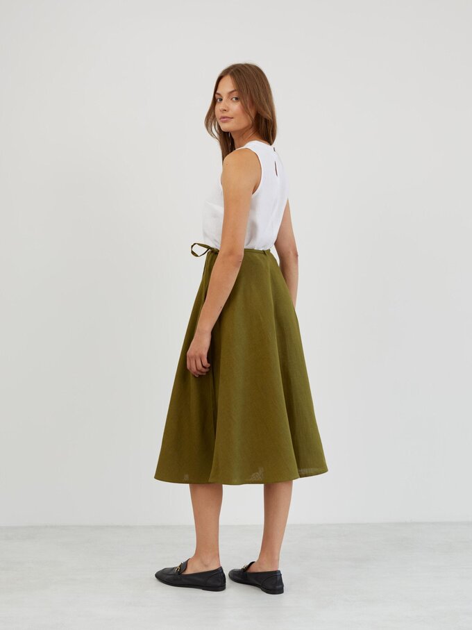 Image 6 of Linen Wrap Midi Skirt in Moss Green KENZIE from ALBERALKIRK | Handmade Linen Clothing for Women