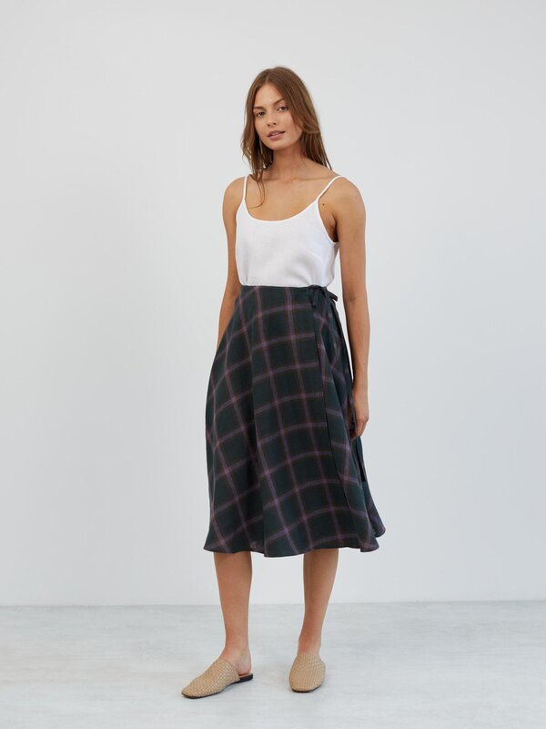 Image 1 of Linen Wrap Midi Skirt in Plaid Purple KENZIE from ALBERALKIRK | Handmade Linen Clothing for Women