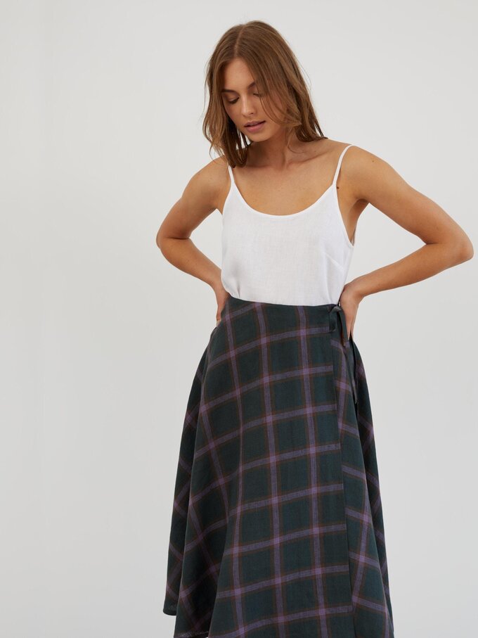 Image 2 of Linen Wrap Midi Skirt in Plaid Purple KENZIE from ALBERALKIRK | Handmade Linen Clothing for Women