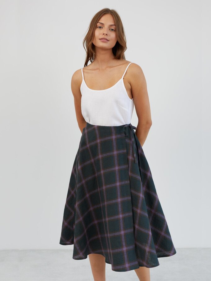 Image 3 of Linen Wrap Midi Skirt in Plaid Purple KENZIE from ALBERALKIRK | Handmade Linen Clothing for Women