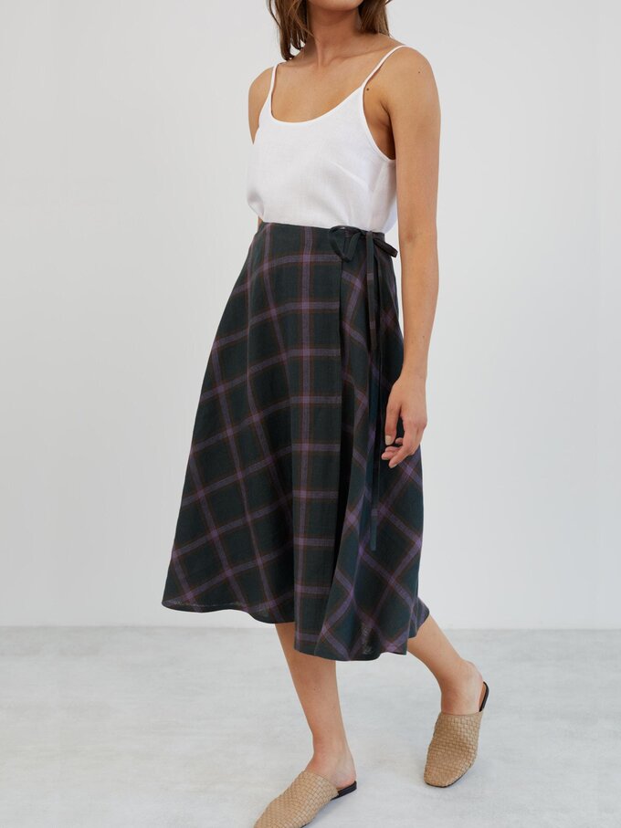 Image 4 of Linen Wrap Midi Skirt in Plaid Purple KENZIE from ALBERALKIRK | Handmade Linen Clothing for Women