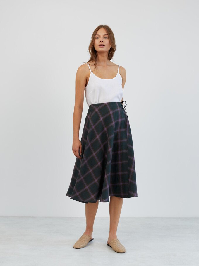 Image 5 of Linen Wrap Midi Skirt in Plaid Purple KENZIE from ALBERALKIRK | Handmade Linen Clothing for Women