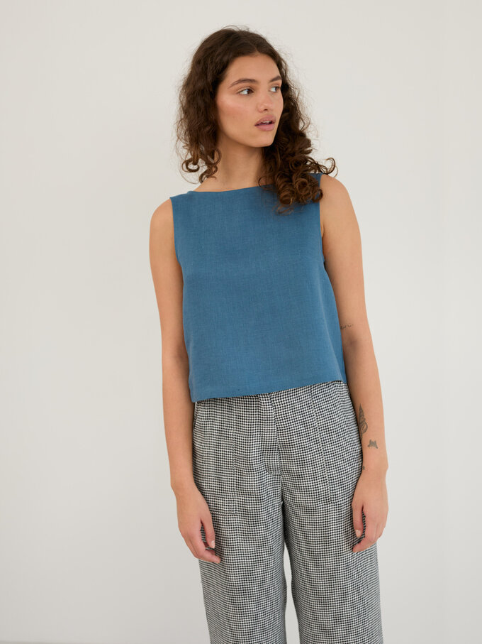 Image 1 of Linen Cropped Tank Top in Blue Sea SONATE from ALBERALKIRK | Handmade Linen Clothing for Women