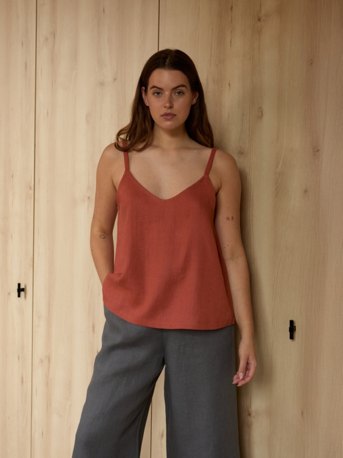 Image 2 of MILLIE linen tank top in Burnt Orange, featuring a V-neck and thin straps, from ALBERALKIRK.