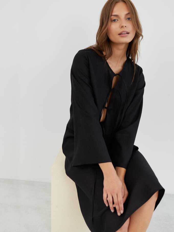 Image 1 of Long Sleeve Tie Front Linen Top in Black BLAIRE from ALBERALKIRK | Handmade Linen Clothing for Women
