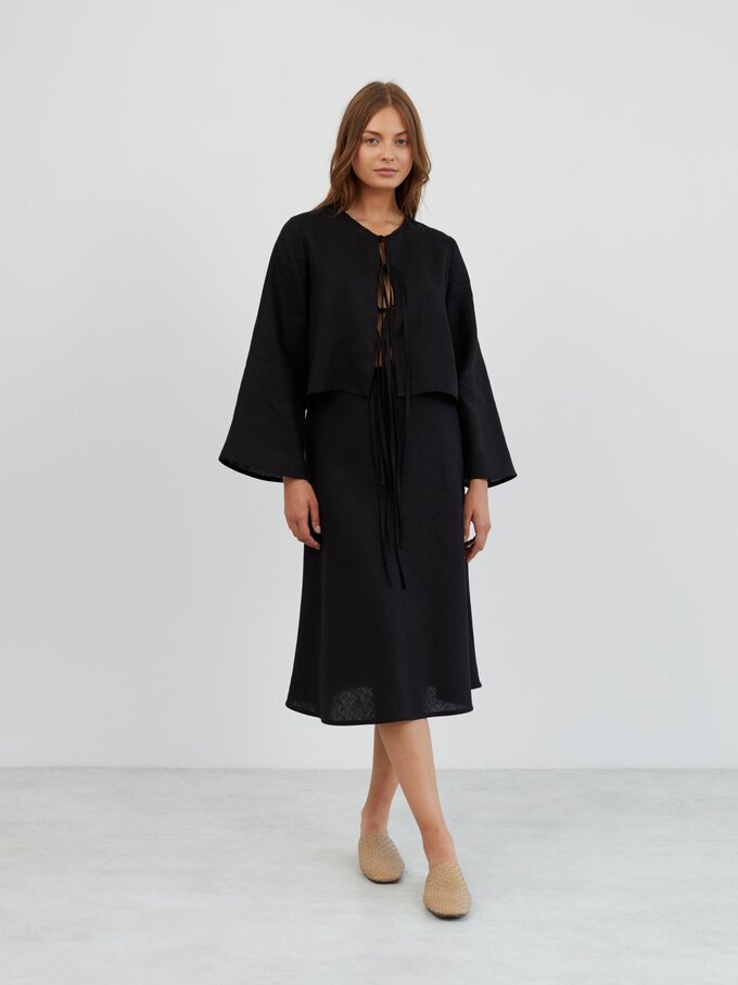 Image 2 of Long Sleeve Tie Front Linen Top in Black BLAIRE from ALBERALKIRK | Handmade Linen Clothing for Women