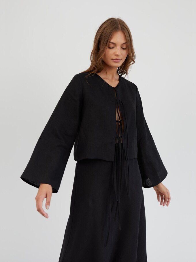 Image 3 of Long Sleeve Tie Front Linen Top in Black BLAIRE from ALBERALKIRK | Handmade Linen Clothing for Women